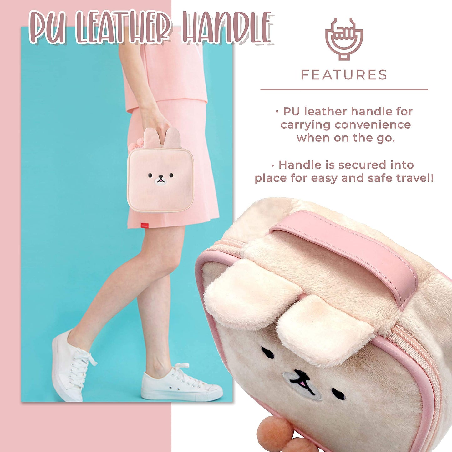 Cute Kawaii Plush Makeup/Cosmetic Pouch, With Inner Pocket and Handle and Zipper Closure for Convenient Travel and Portability, Soft Velvet Texture