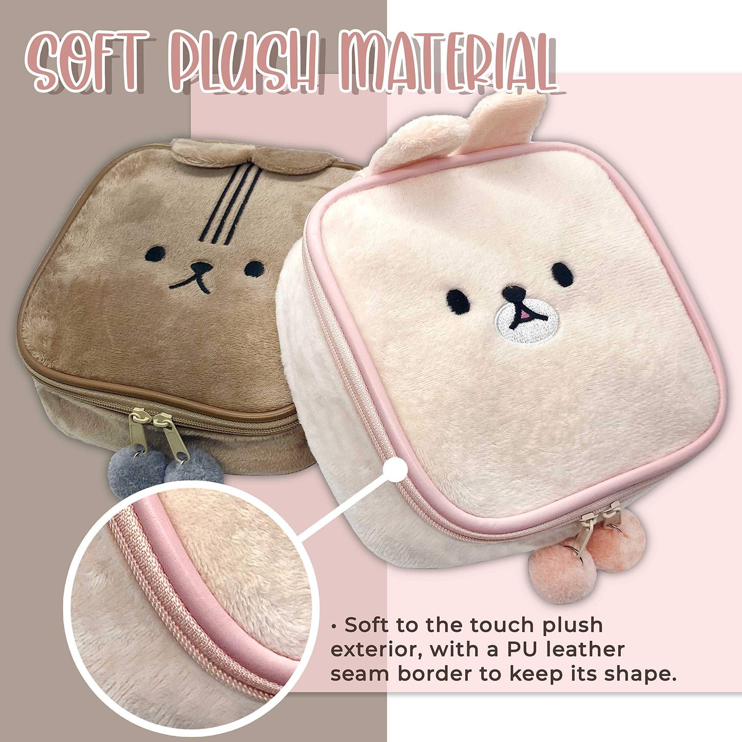 Cute Kawaii Plush Makeup/Cosmetic Pouch, With Inner Pocket and Handle and Zipper Closure for Convenient Travel and Portability, Soft Velvet Texture